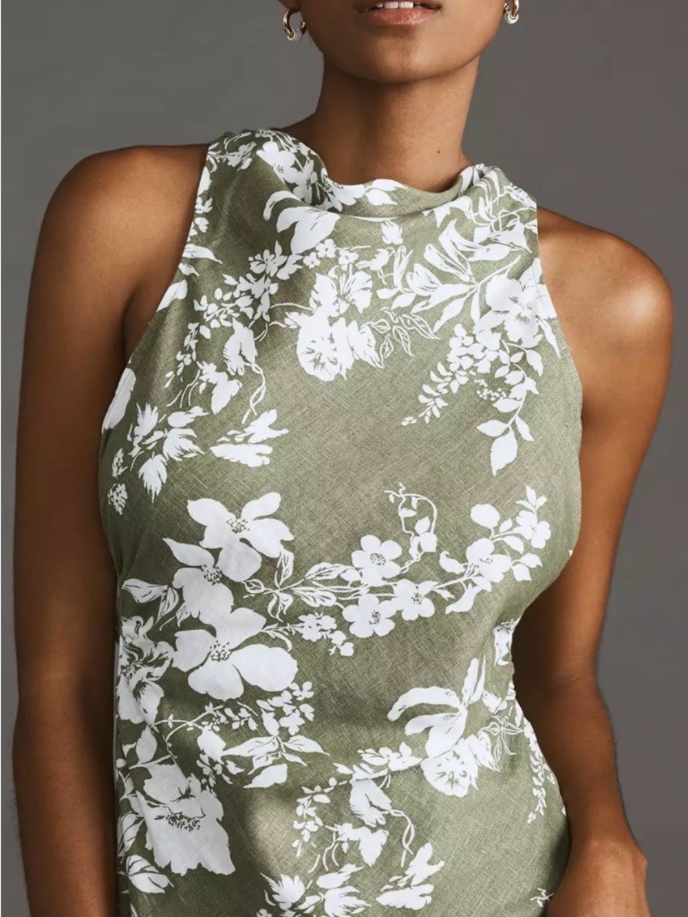 Reformation Olive and White Floral Halter Maxi Dress